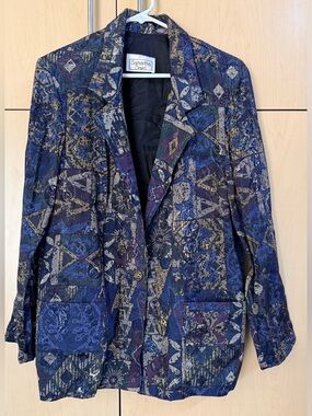 SAMANTHA DAVID Vintage Women’s Patterned Blazer Jacket in Navy, Purple & Green.